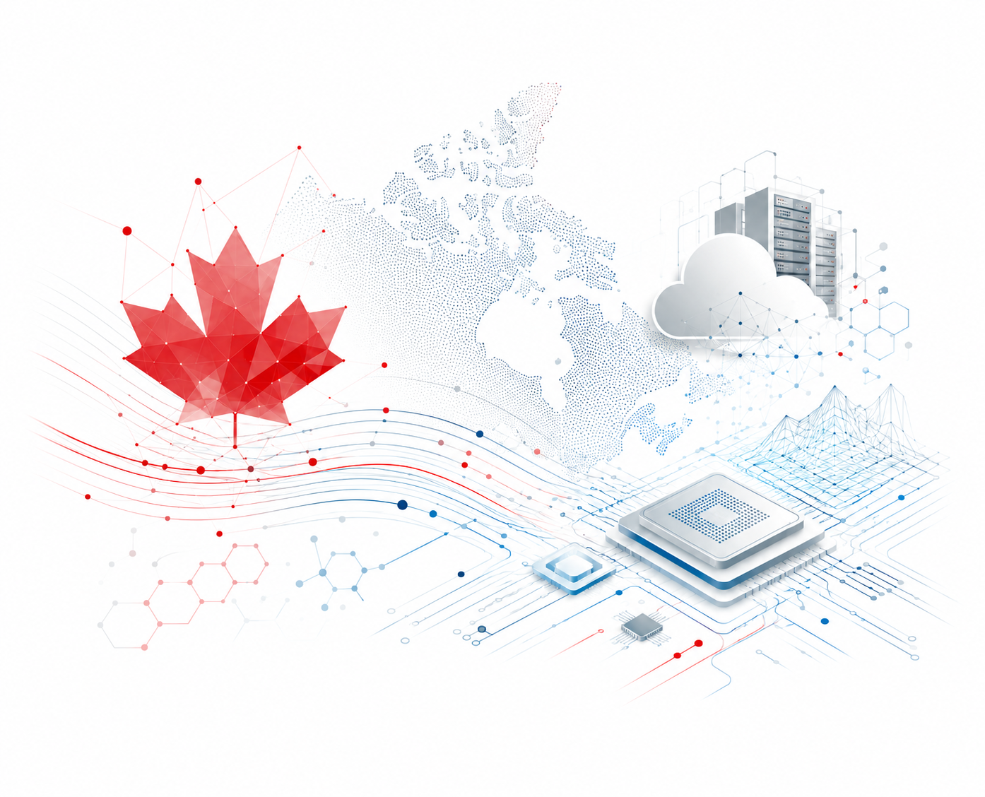 Canadian research computing cloud infrastructure with CPUs, GPUs, storage, cloud servers, data networks, and a maple leaf.