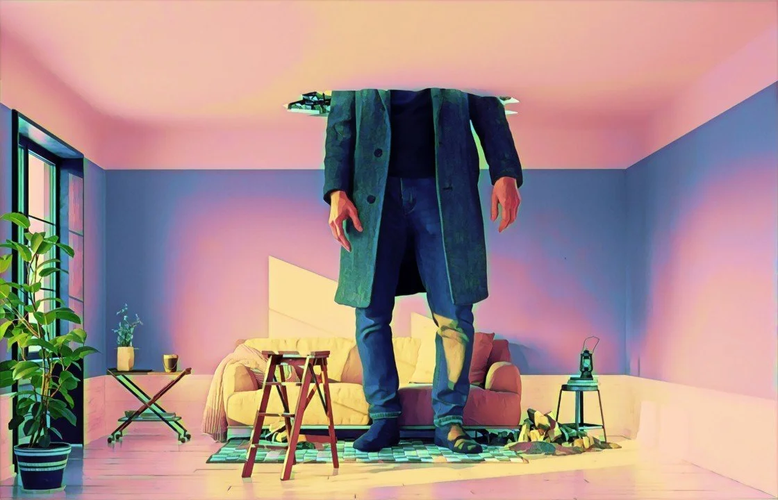 A man standing in a living room with his head pressed into the ceiling, symbolizing the self-imposed limits on profitability caused by time-based business models.