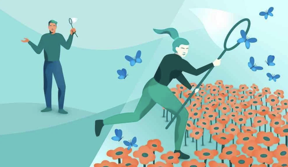 An illustration of two people holding nets to catch butterflies — one stands idle and frustrated, while the other runs through flowers successfully collecting butterflies, symbolizing proactive value creation.