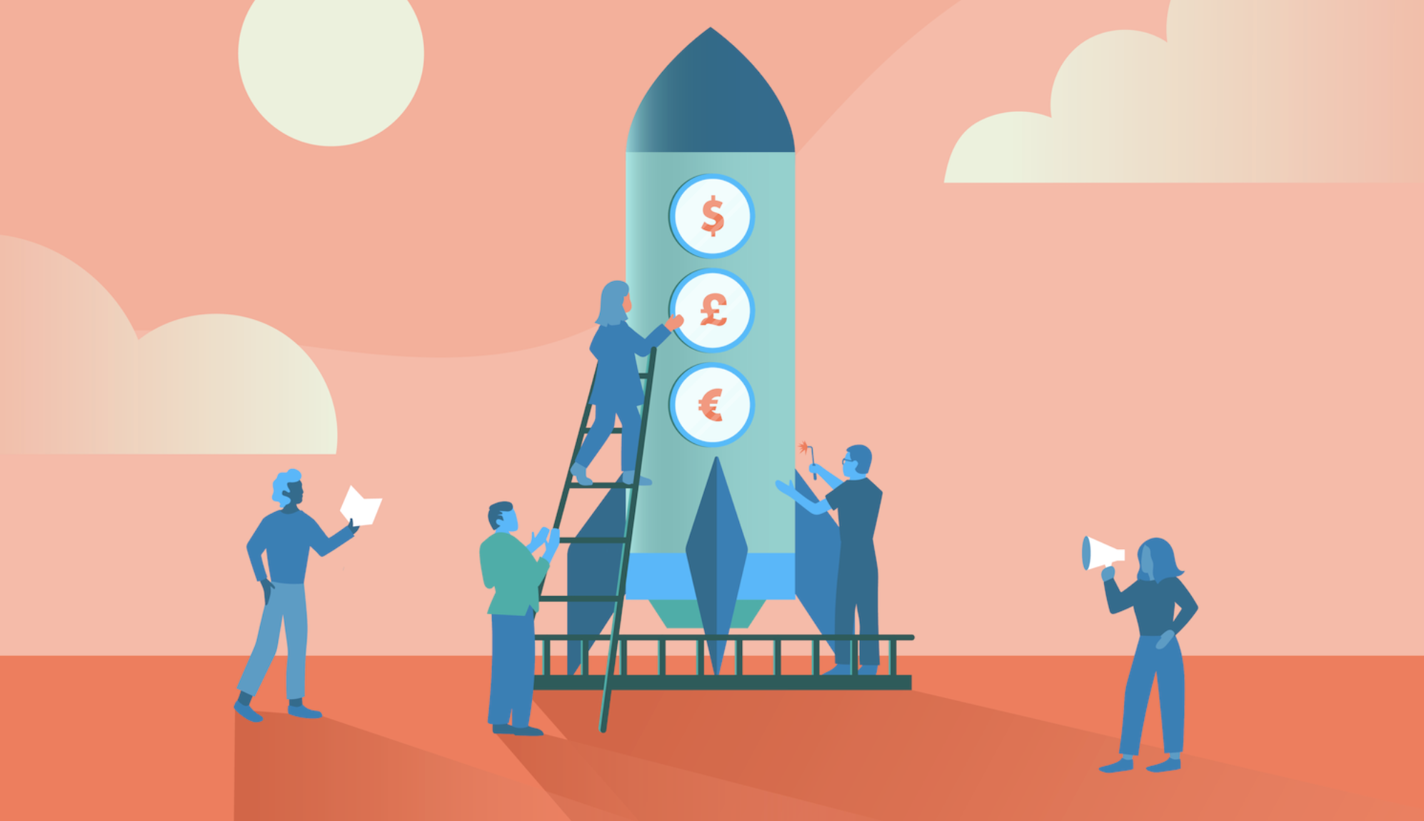 An illustration of several people working together to build a rocket — one welding, another using a megaphone, and another reading blueprints — symbolizing collaboration, innovation, and progress in agency-client relationships.