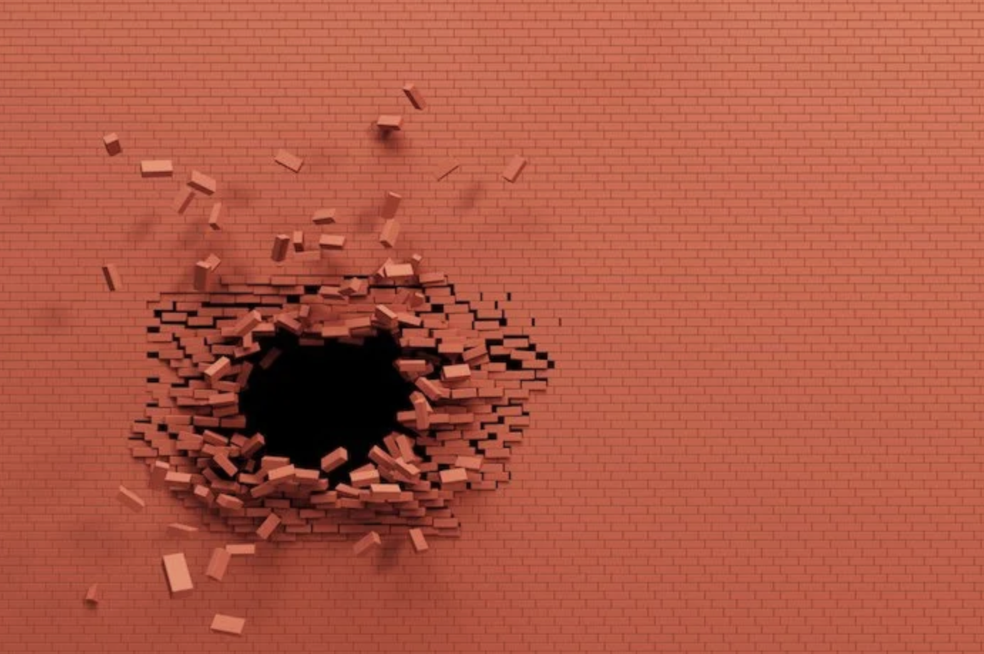 A red brick wall with a fist-sized hole in the center, symbolizing the breakthrough required to escape outdated, unscalable agency practices.