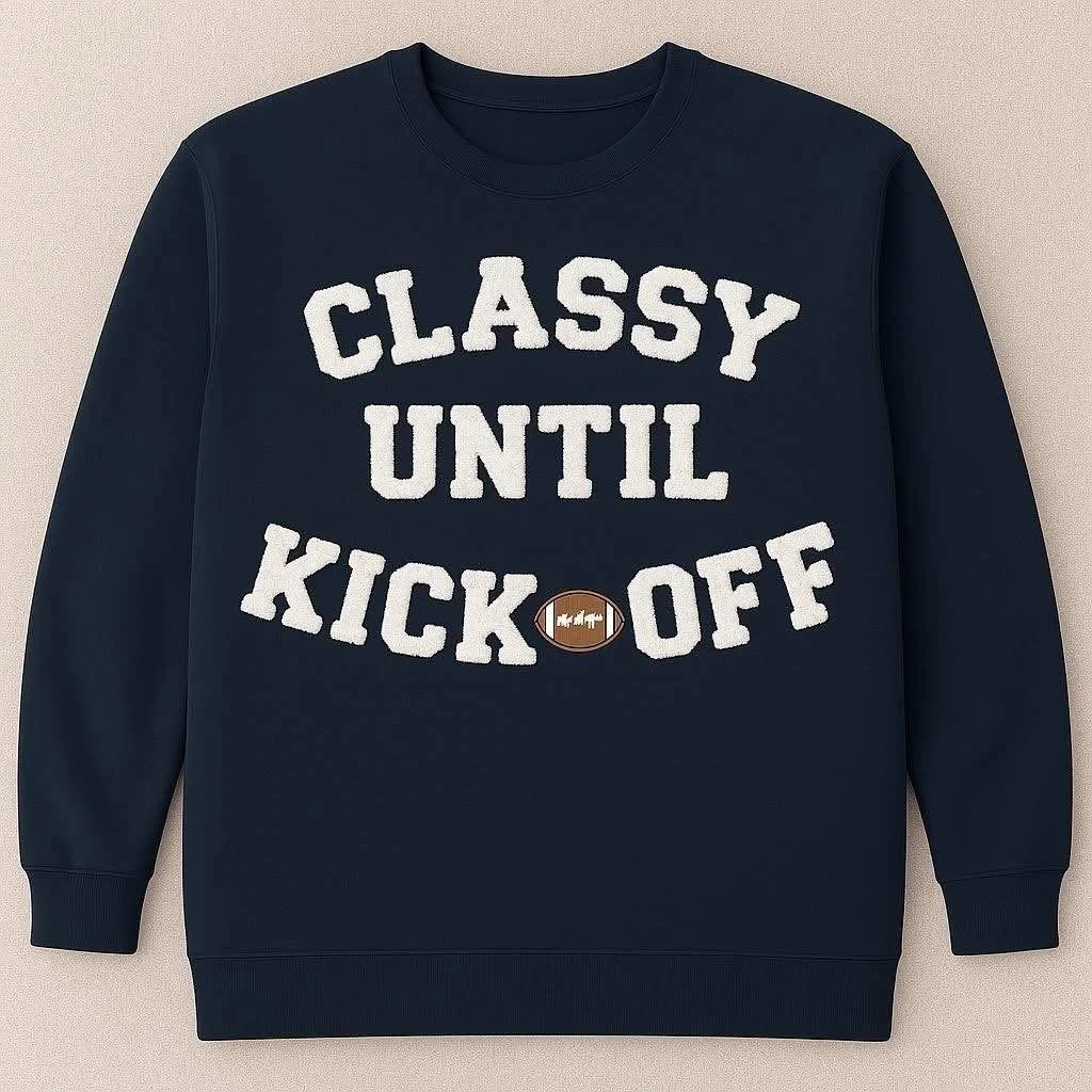 Classy Until Kickoff $20 navy with chenille lettering