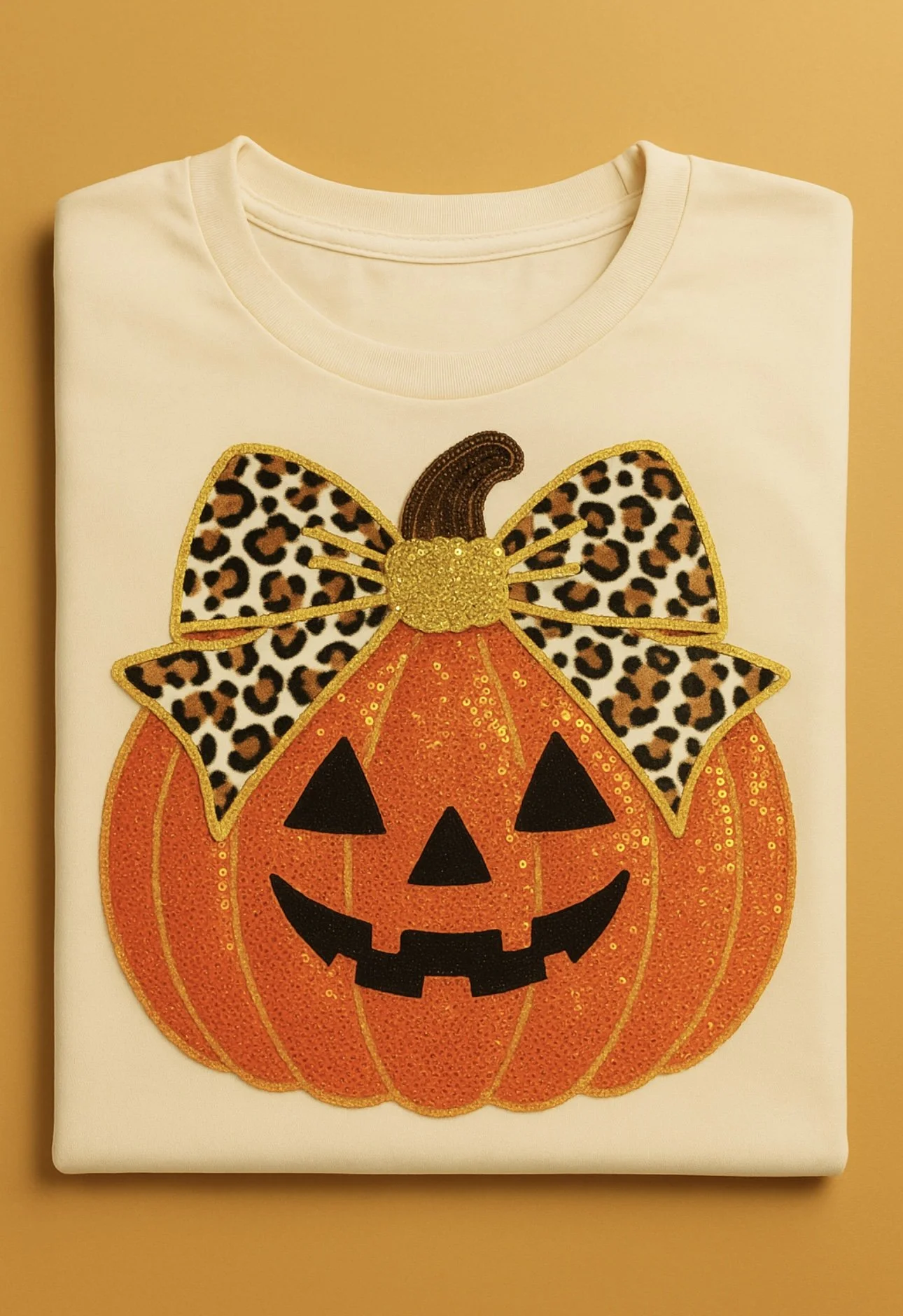 Fluffy leopard chenille bow with sequin pumpkin $32 sweatshirt