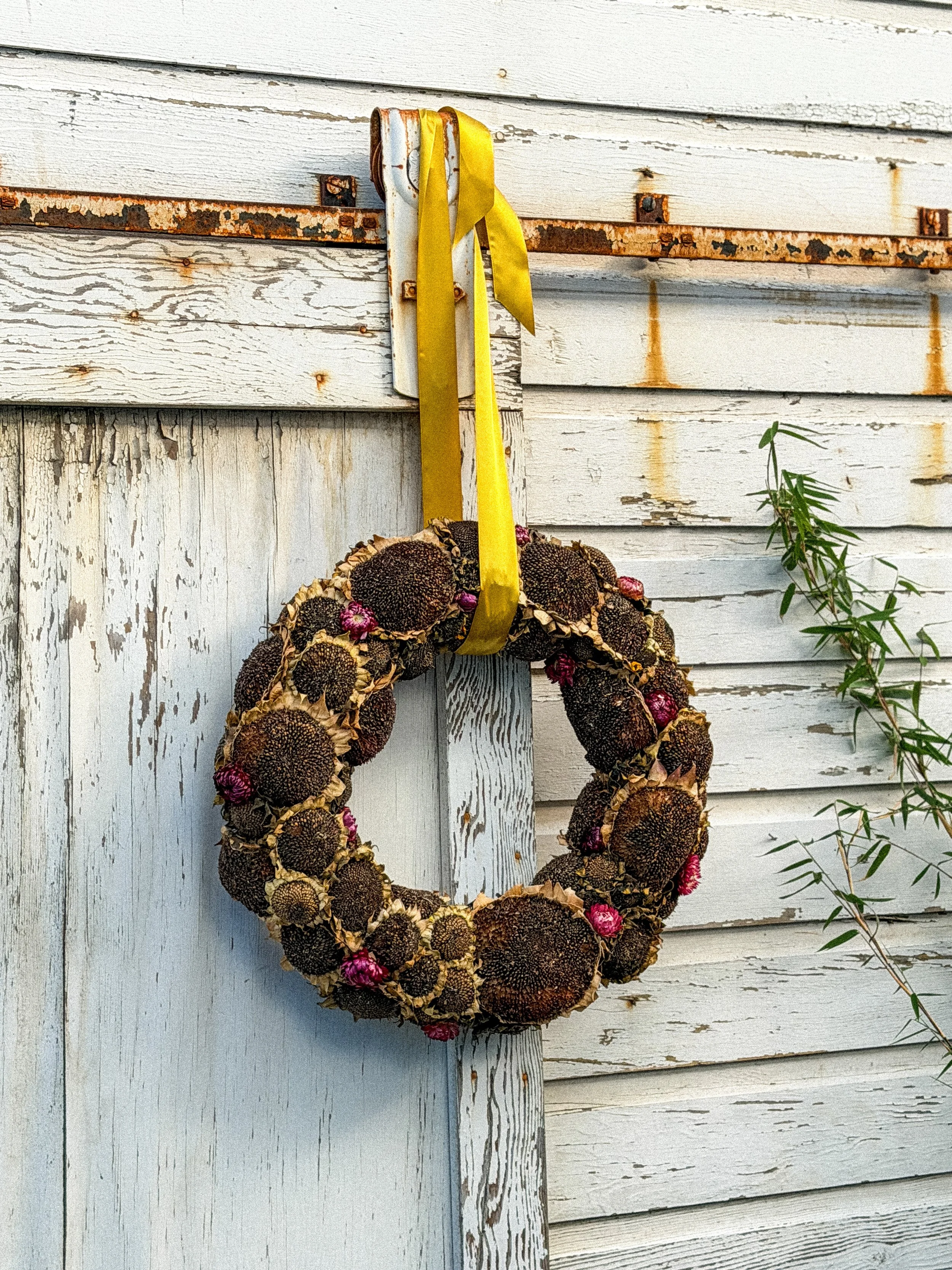 Dried sunflower wreath with a yellow ribbon hanging on a weathered white wooden door
