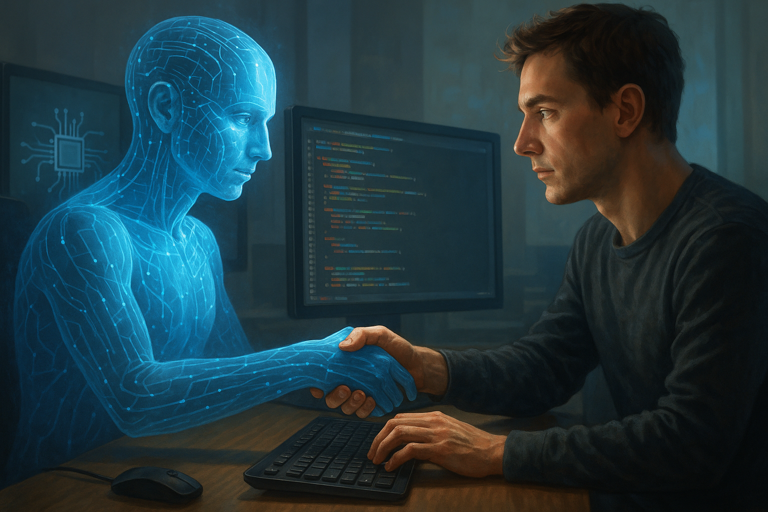A man in a dark long-sleeve shirt shaking hands with a holographic digital woman in a cyber tech setting, with computer screens displaying code in the background.