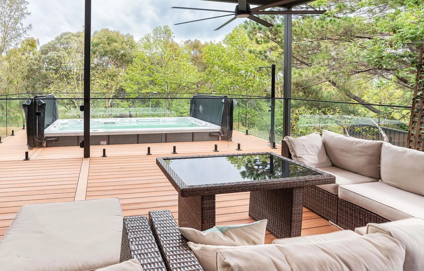 Elevated outdoor living done right. 130sqm of low-maintenance composite decking paired with a custom pergola, outdoor shower, kitchen and swim spa setup.