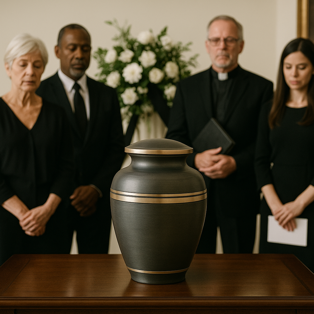 A funeral procession with five people dressed in black standing around a black casket with gold accents, on a wooden table.