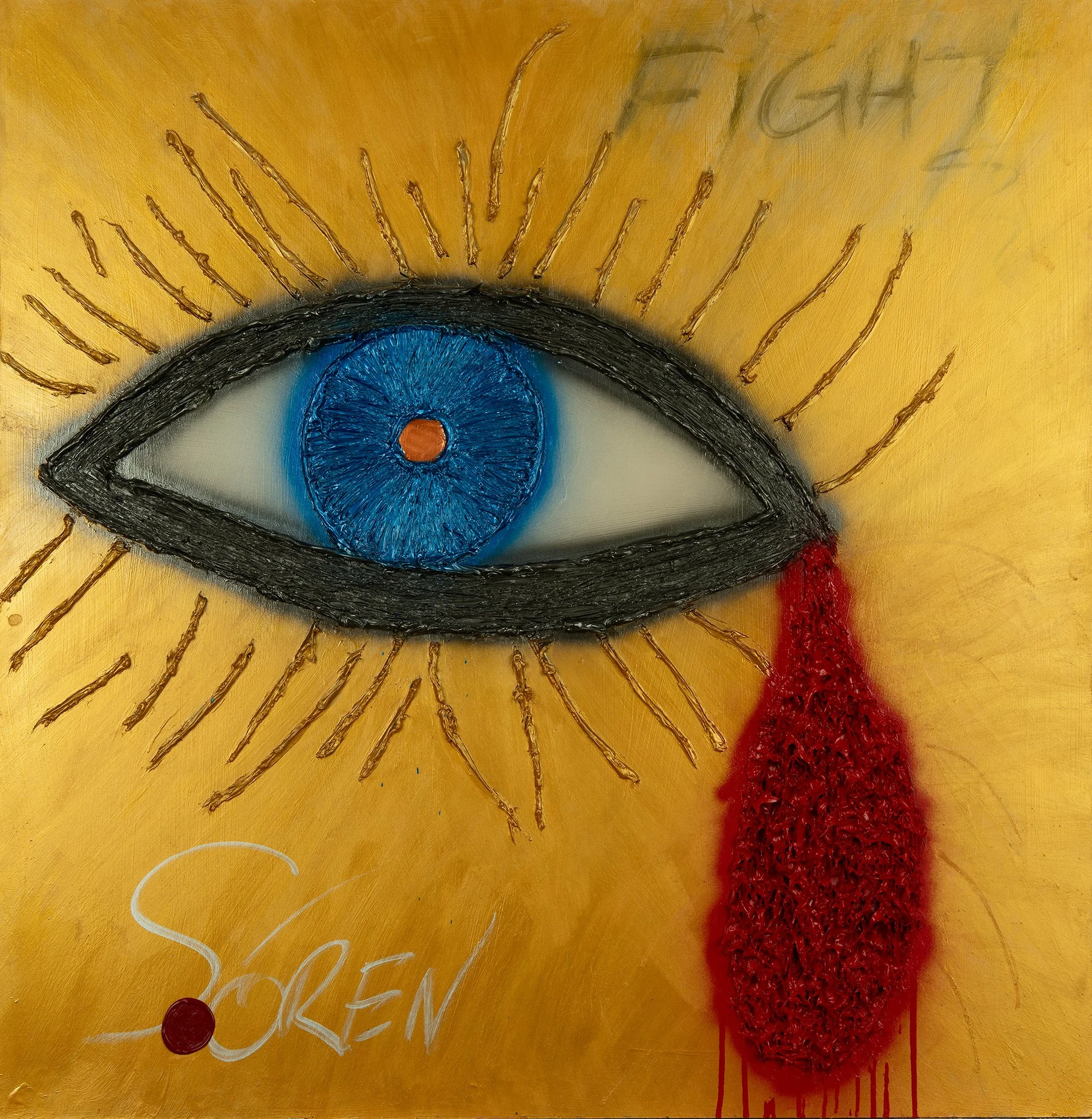 An artistic painting of an eye with a blue iris and a narrow pupil, black outline, gold background, red teardrop hanging from the eyelid with red paint dripping below, and the word 'SOREN' written in white at the bottom left.