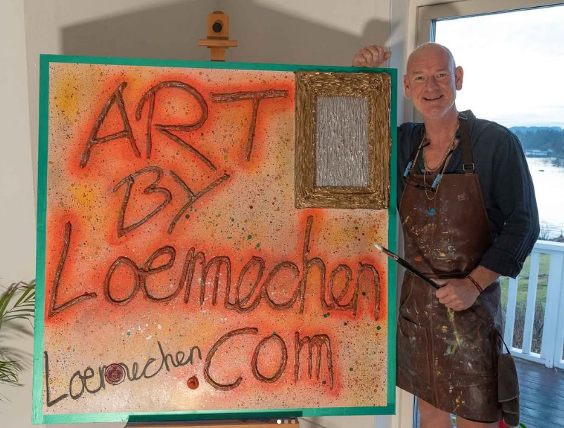 Elderly man standing next to an art piece on a canvas, with the text "Art by Lemonchen" and "Lemonchen.com". The man is wearing a black shirt, apron, and holding a paintbrush, smiling, in a bright room with large windows showing an outdoor landscape.