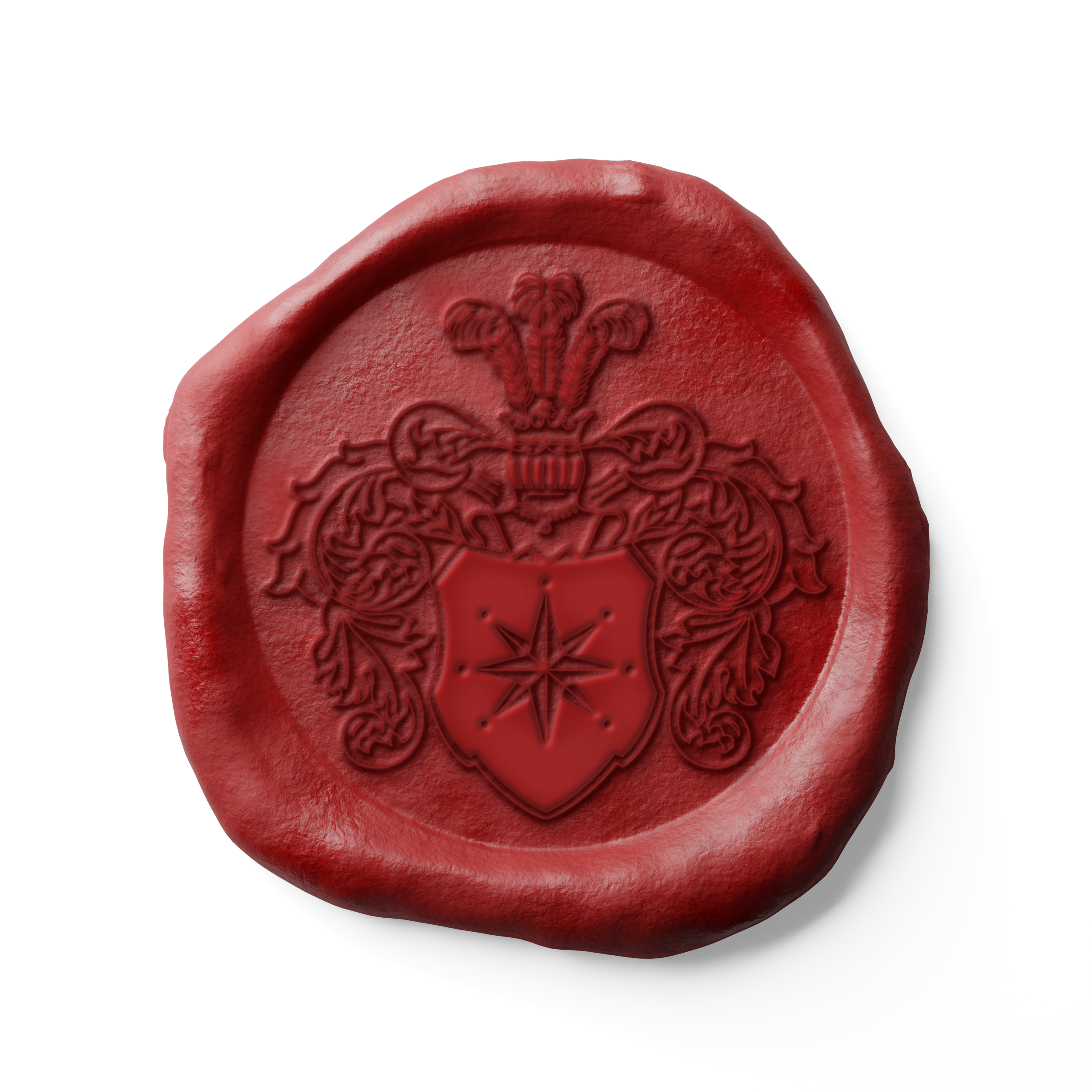 Red wax seal with a crest featuring a shield, a starburst emblem, decorative flourishes, and a crown with feathers on top.