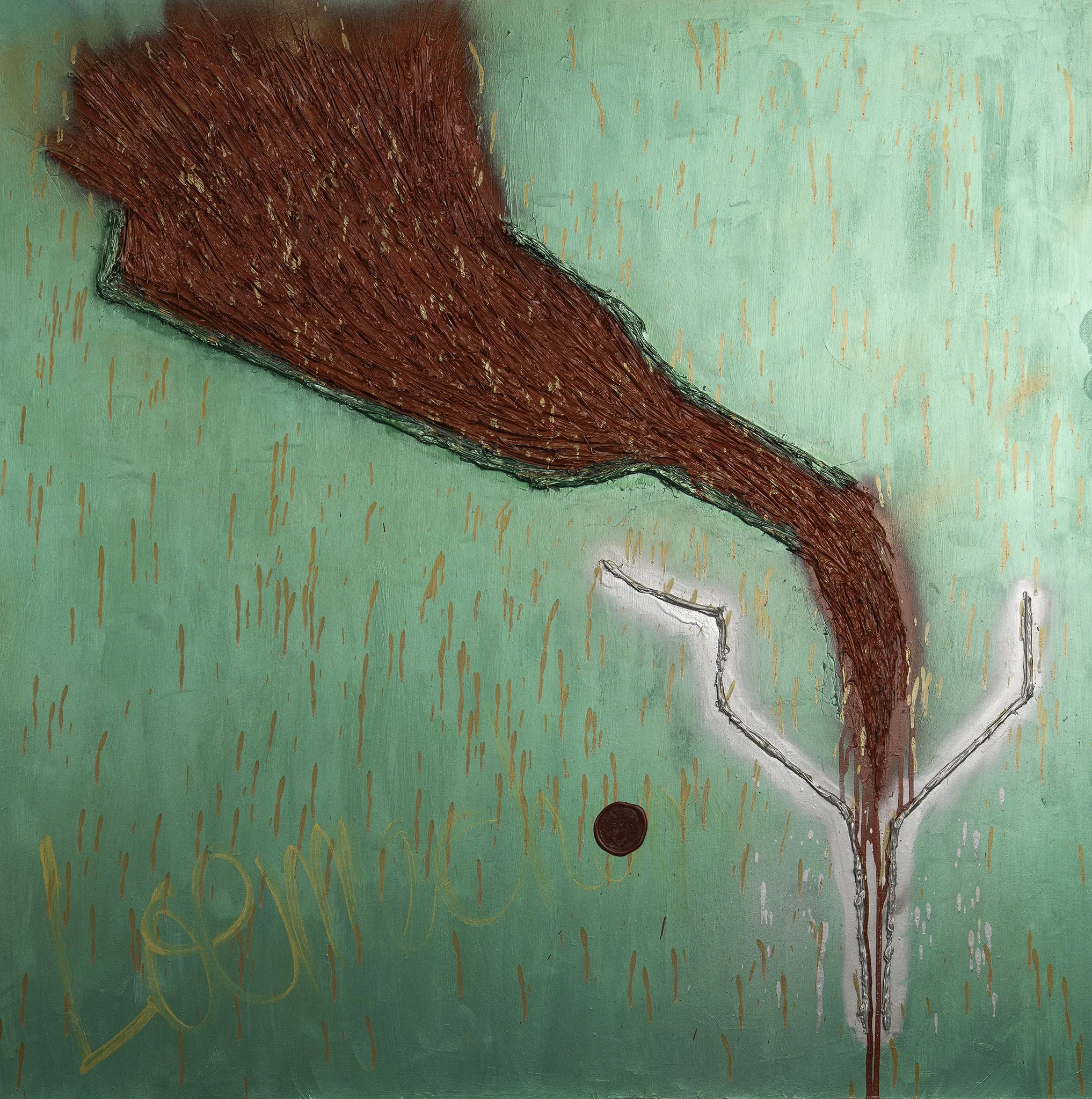 Abstract artwork with a large red, textured, paint-like streak extending downward and a black circle near the bottom. The background is turquoise with orange and yellow streaks, and there are some scribbled lines and markings.