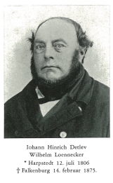 Black and white portrait of Johann Hinrich Detlev and Wilhelm Loemkecker, with German text mentioning their birth and death dates, and locations Falkenburg and Harpsledt.