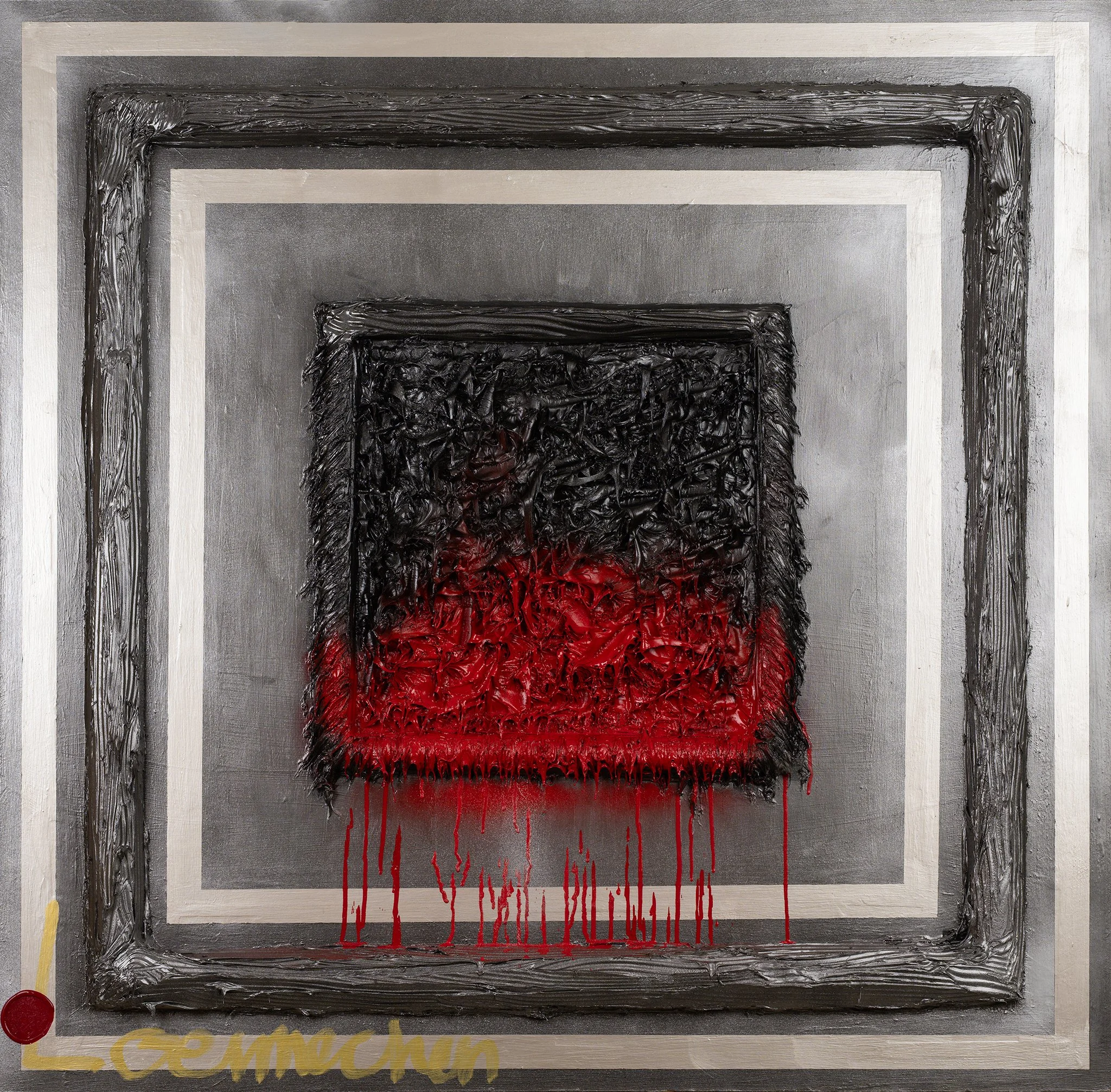Abstract painting with black and red textured paint on gray background, framed in a textured silver frame.