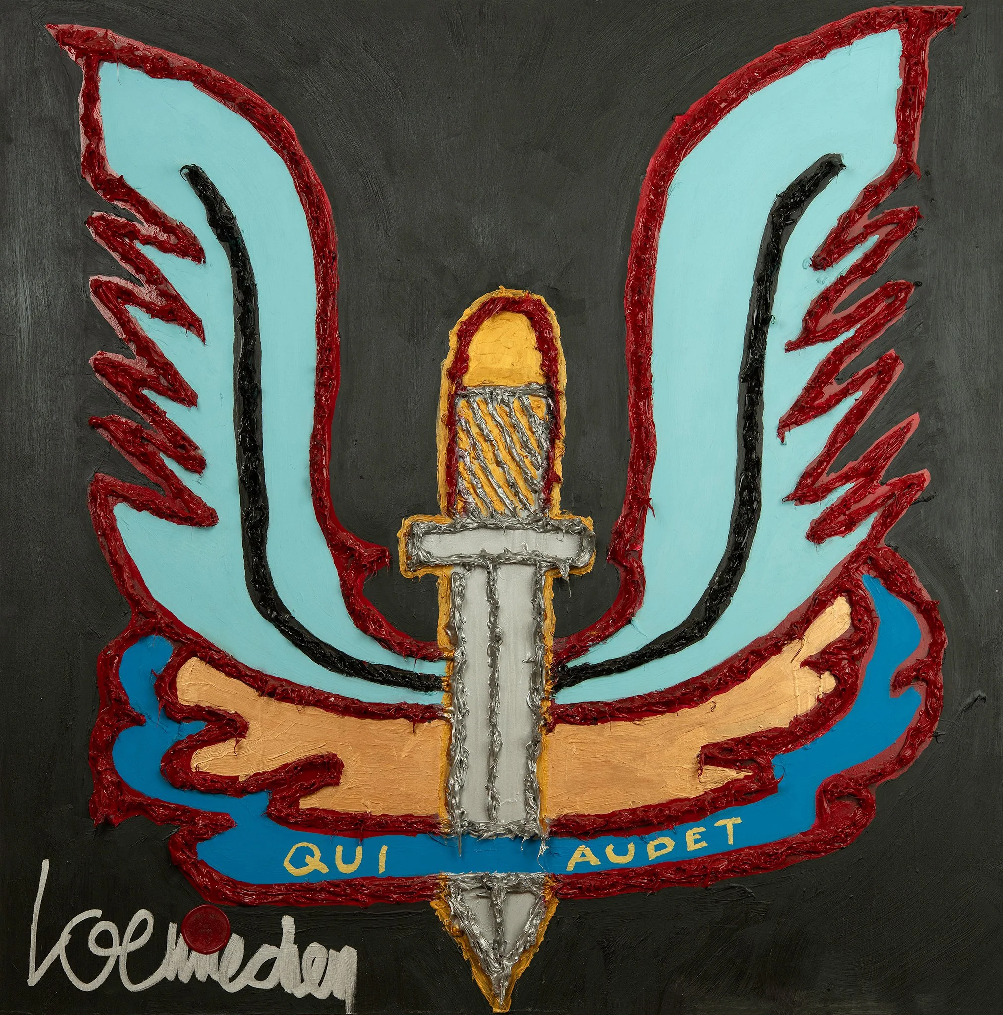 Stylized eagle emblem with a sword at the center, wings spread, and a banner with the Latin phrase 'QUI AUDET' at the bottom, on a black background.