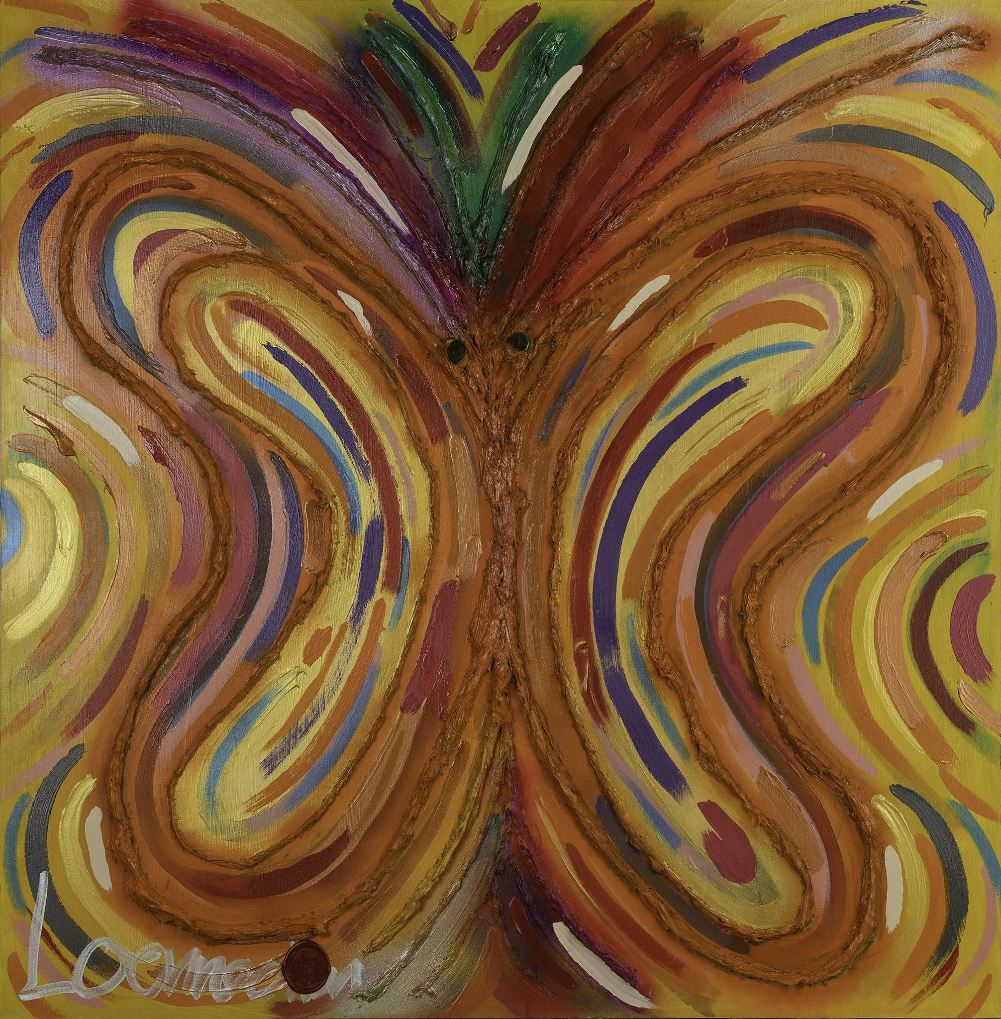 Colorful abstract butterfly artwork with swirling lines and vibrant warm colors, including orange, red, yellow, purple, and green.