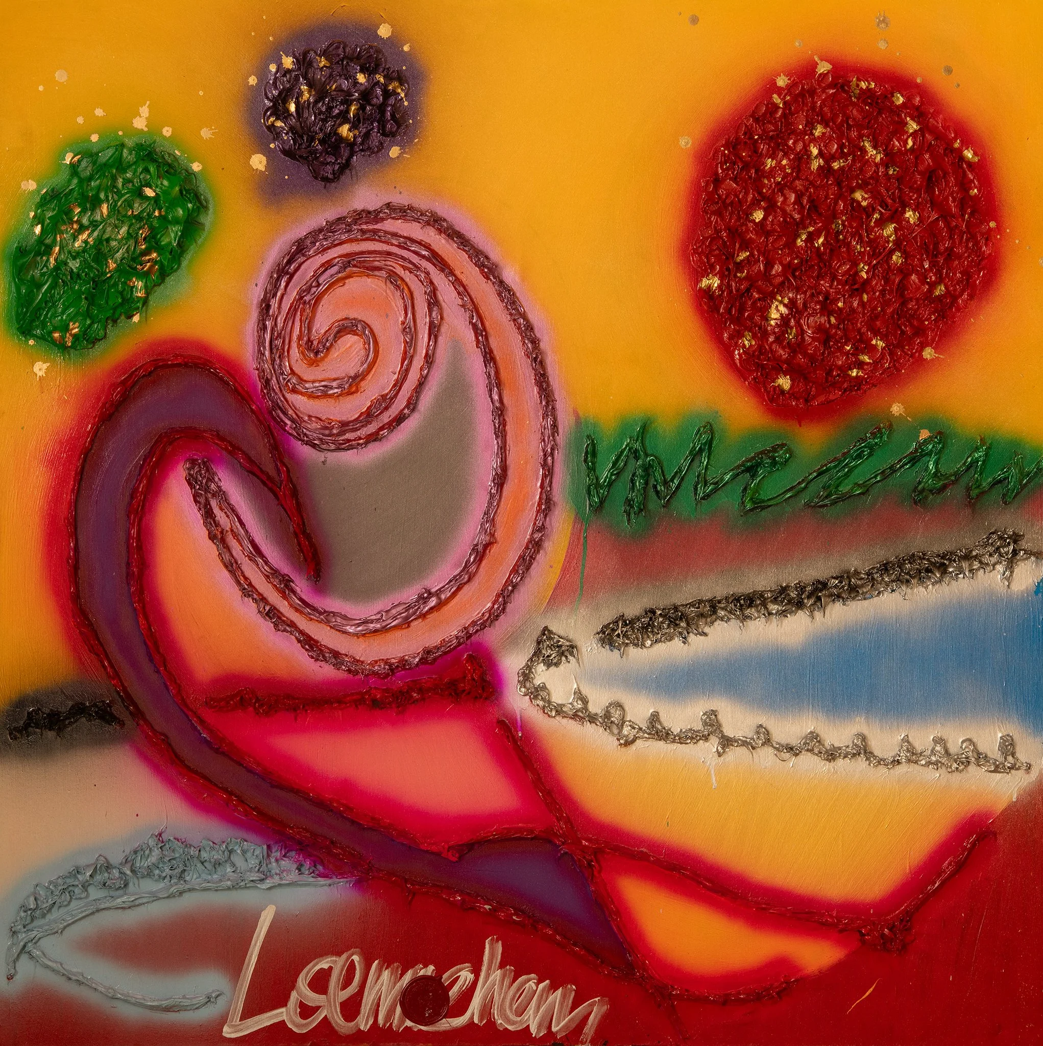 Abstract colorful artwork with various shapes and textures, including a green area, a black cluster, a red circular patch, a pink and purple spiral, a gray and brown landmass, and the word 'Lemon' written at the bottom in white.