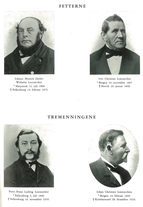 Photographs of four men, labeled as Johanna Hinrich Detlev Wilhelm Loennecker, Iver Christian Loennecker, Peter Franz Ludwig Loennecker, and Johan Christian Loennechen, along with their birth and death dates and places in Norway.