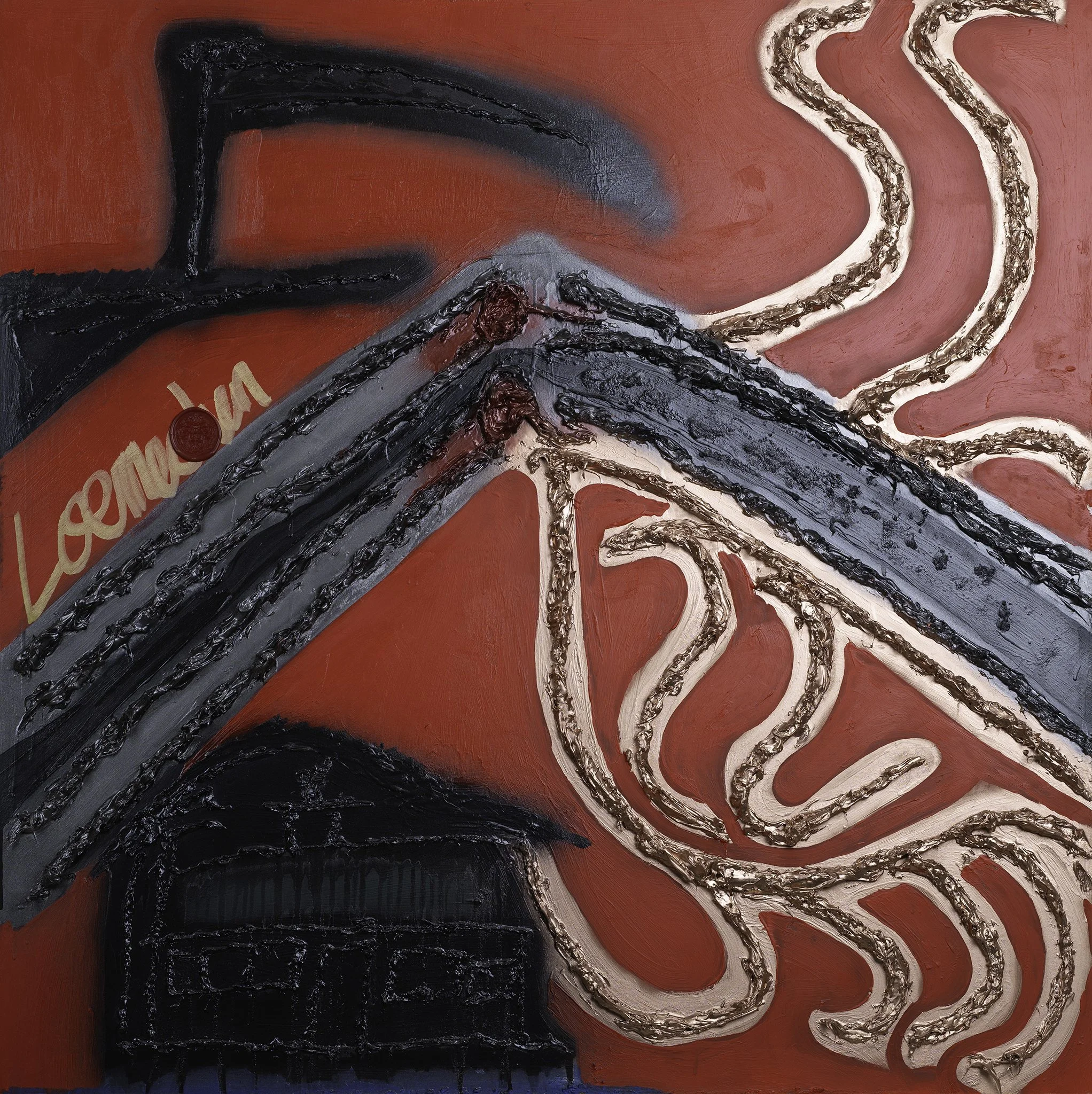 Abstract painting with red, black, white, and gray colors featuring thick textured lines and swirling shapes.