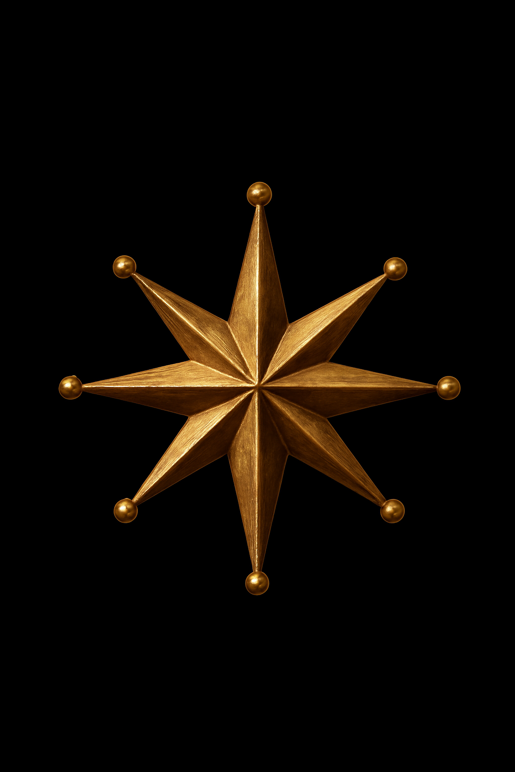 A gold, eight-pointed decorative star with rounded tips on a black background.