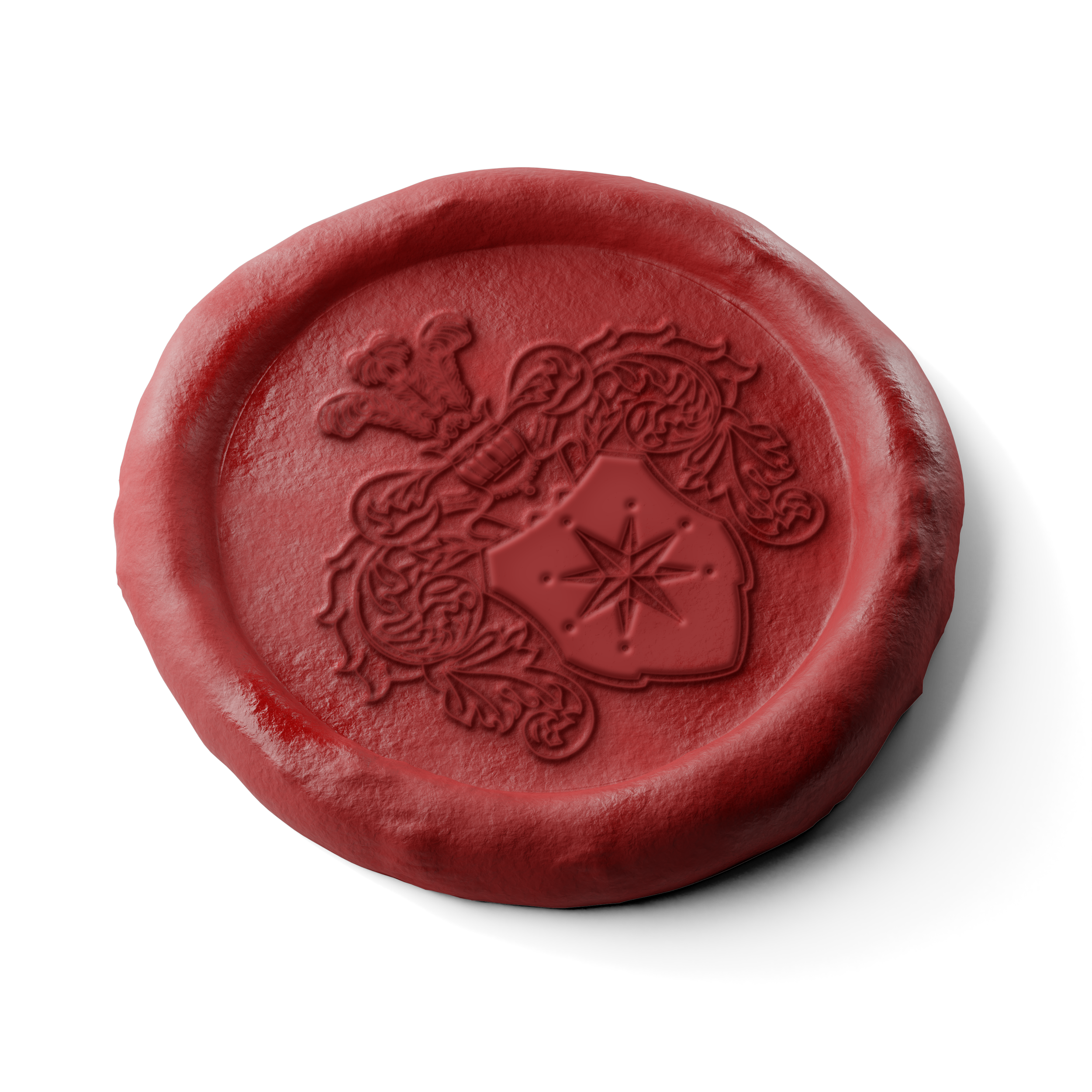 Close-up of a red wax seal with an intricate coat of arms featuring a lion and a shield with a star-shaped symbol.