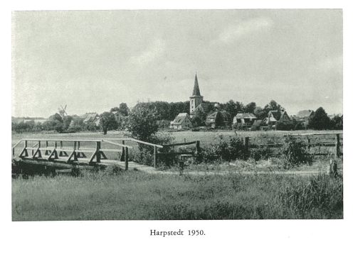 A rural landscape with a small church, houses, trees, a bridge, and open fields, labeled 'Harpstedt 1950'.