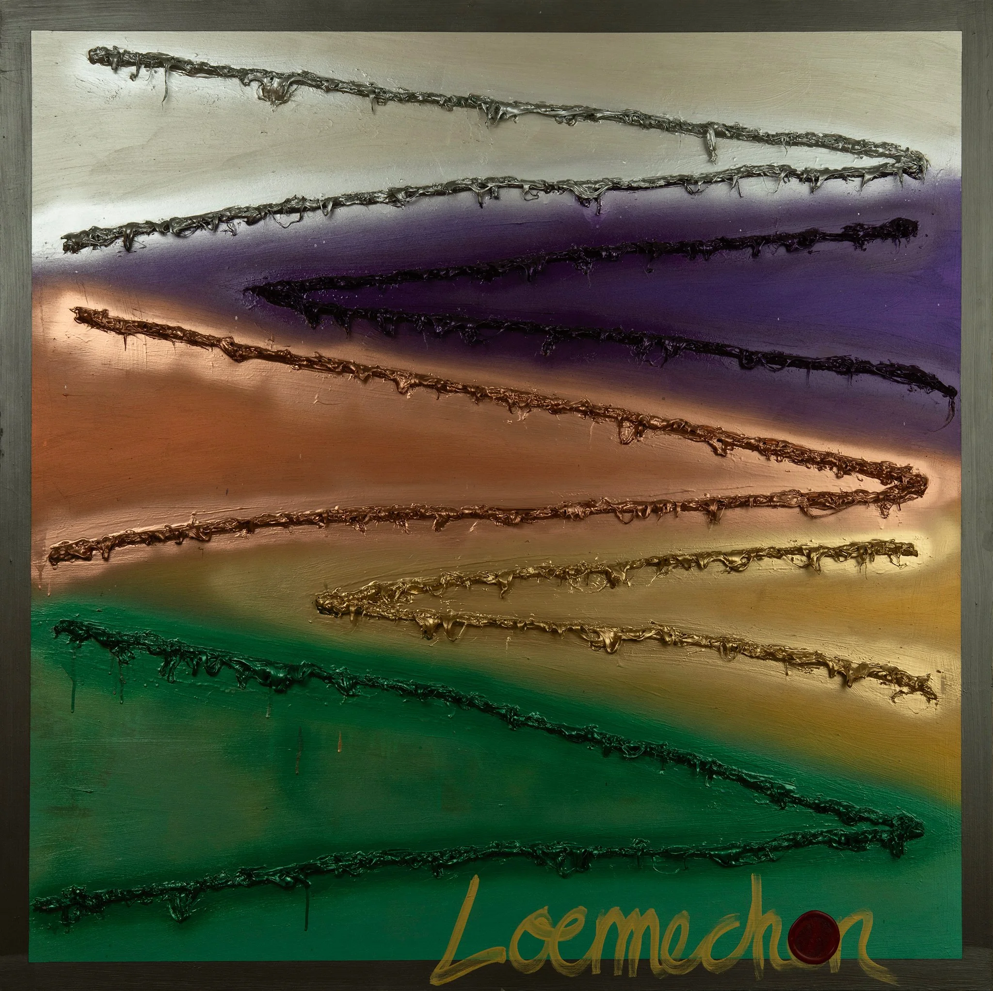 Colorful abstract painting with zigzag lines in metallic textures across the canvas, with a signature reading 'Lémonchon' and a red seal at the bottom right corner.