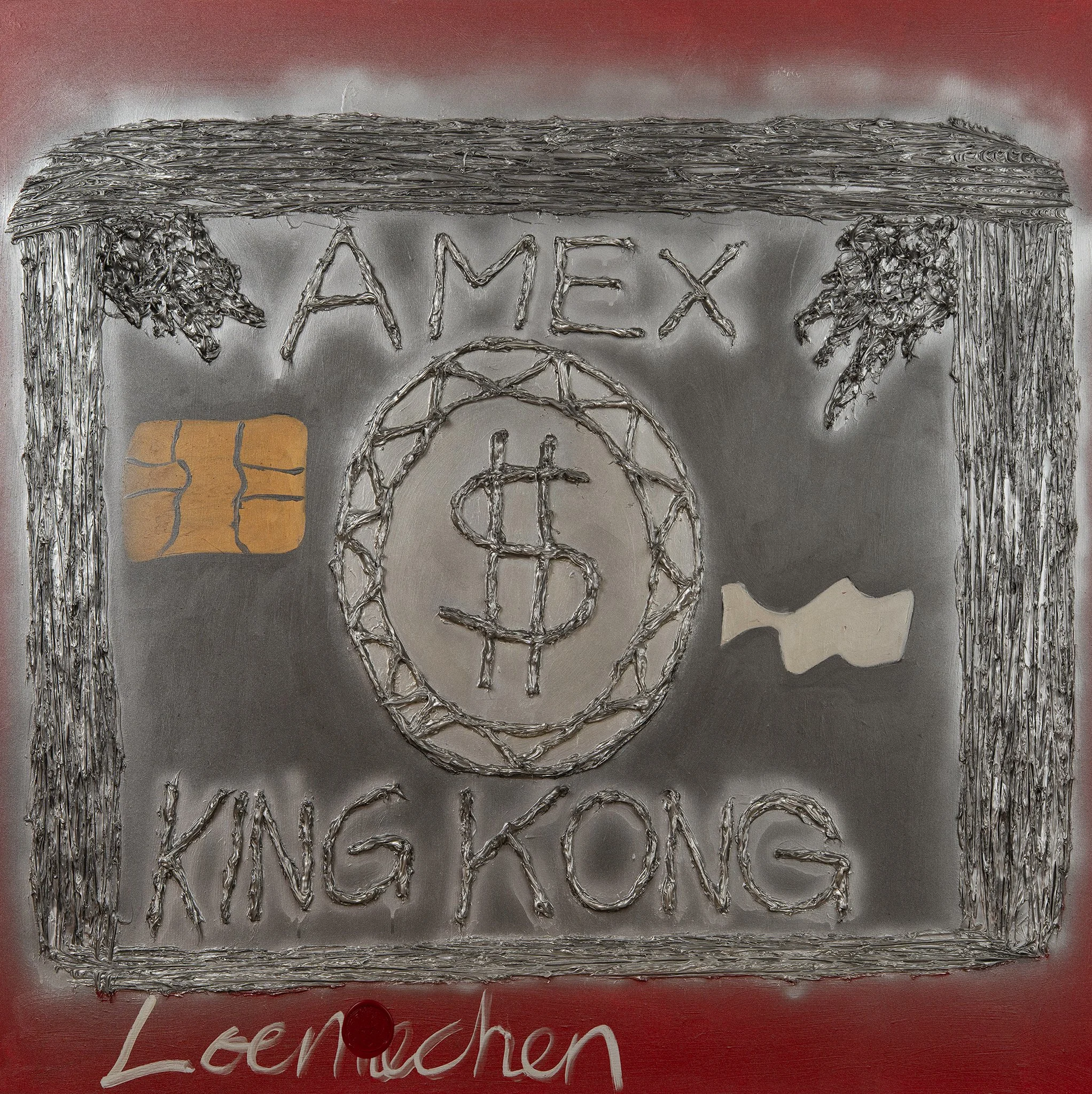 A silver metallic frame with the words 'AMEX' at the top and 'KING KONG' at the bottom, a large circular emblem with a dollar sign in the center, two leaf-like shapes on the top corners, a small beige rectangle on the left, and a white abstract shape