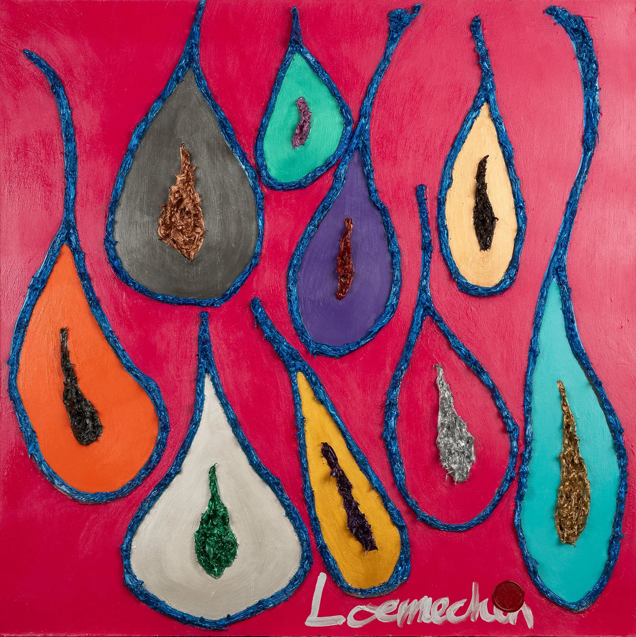 Colorful artwork with multiple oil lamp shapes outlined in blue, each filled with different colors and textures, on a pink background. The word 'Loewe' is written in white at the bottom.