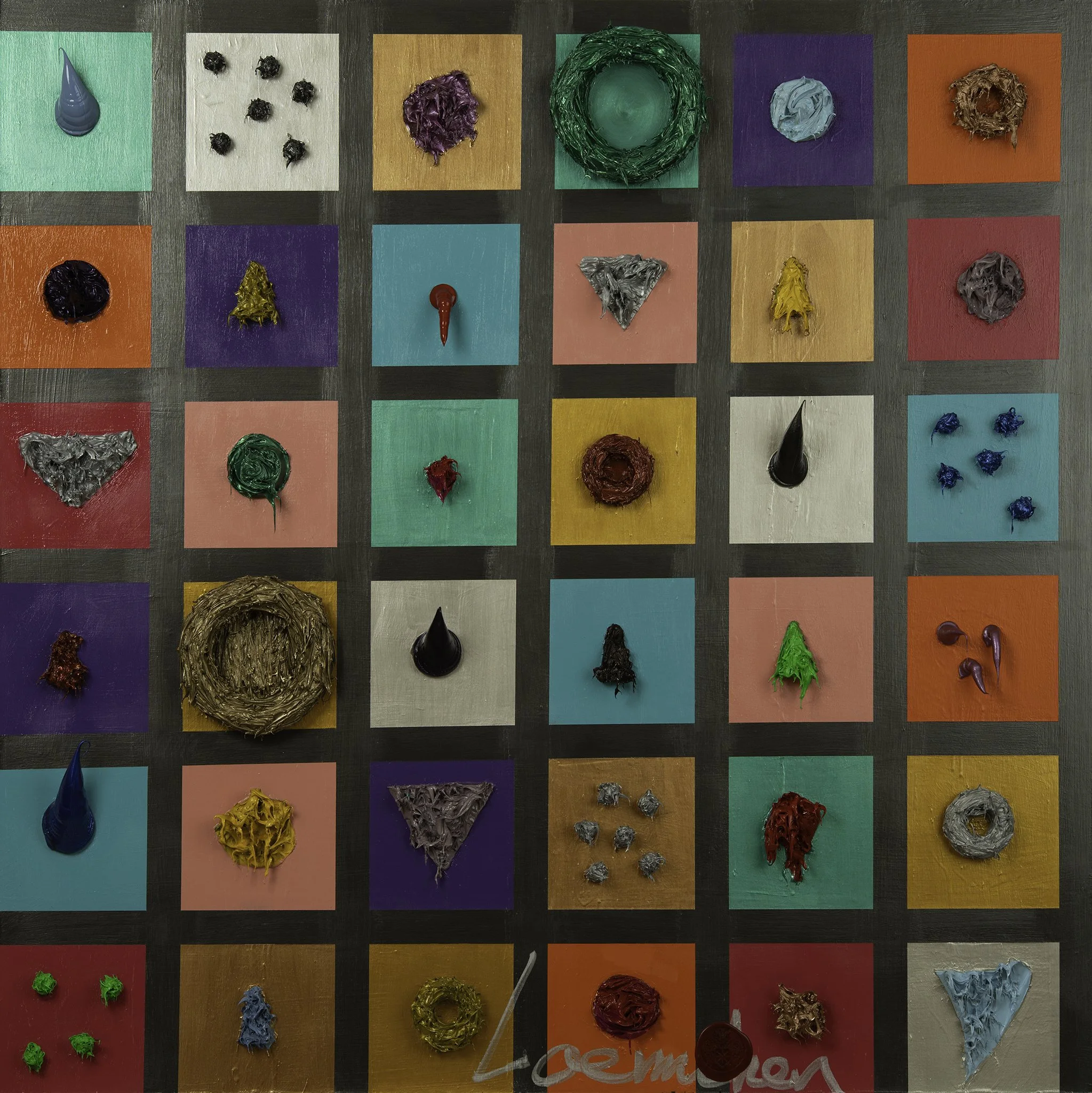 A colorful grid of 35 squares with various textured paint blobs and shapes, each on different colored backgrounds, arranged in 5 rows and 7 columns.