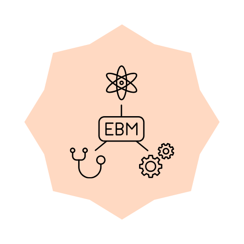 Diagram depicting EBM connected to an atom, a stethoscope, and gears, inside a hexagon.