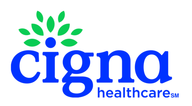 Cigna Healthcare logo with a green and blue graphic of a person and leaves above the word 'cigna' in blue, and 'healthcare' in smaller blue letters.