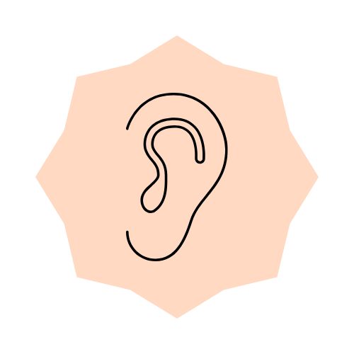 Outline of a human ear inside a beige hexagon.