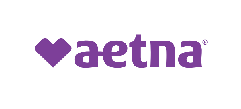A logo with a purple heart shape followed by the text 'aetna' in purple letters on a black background.