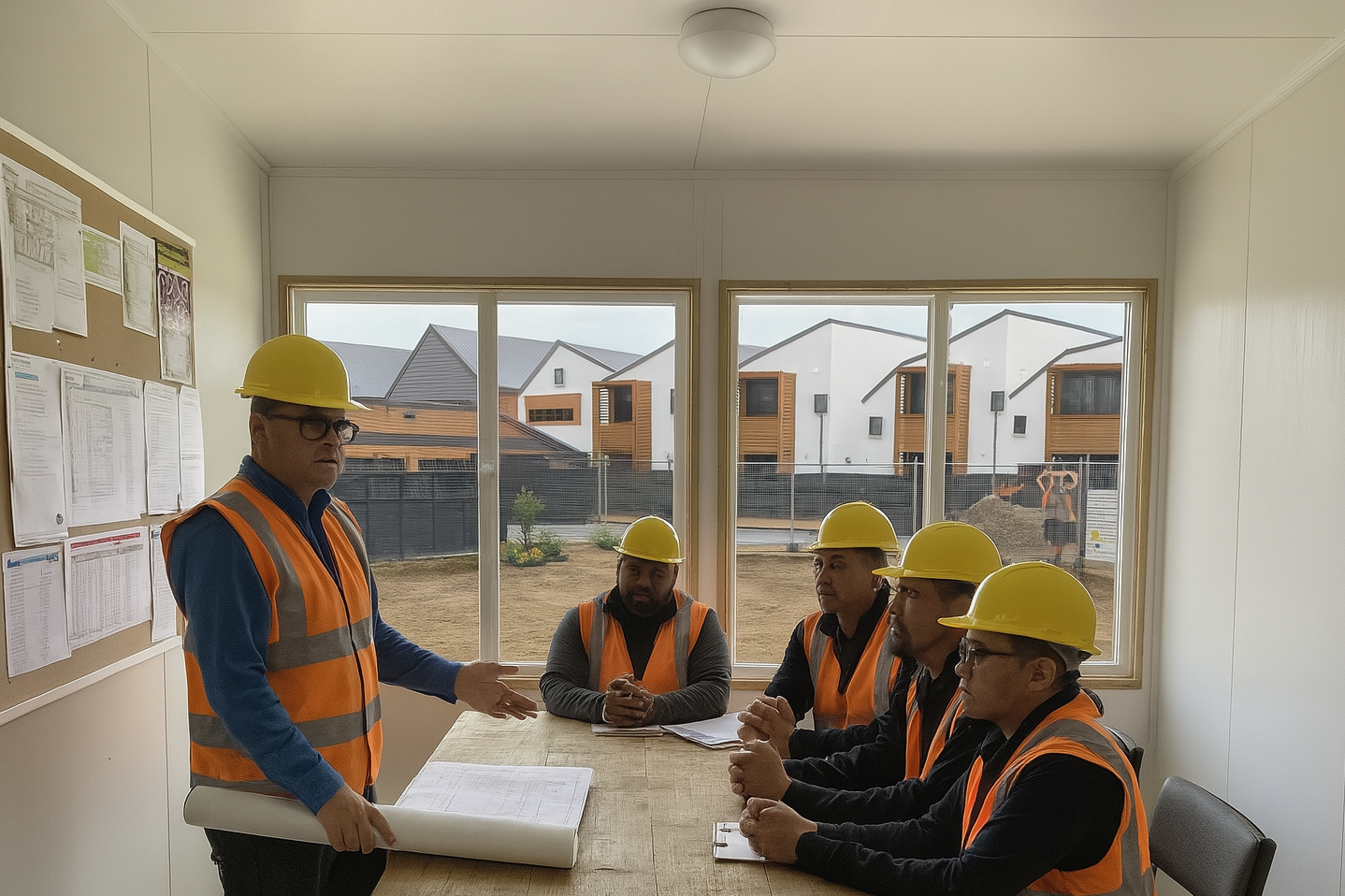 Construction workers and a supervisor in a meeting room with safety helmets and vests, discussing plans while seated around a table, with a view of residential buildings outside the window.