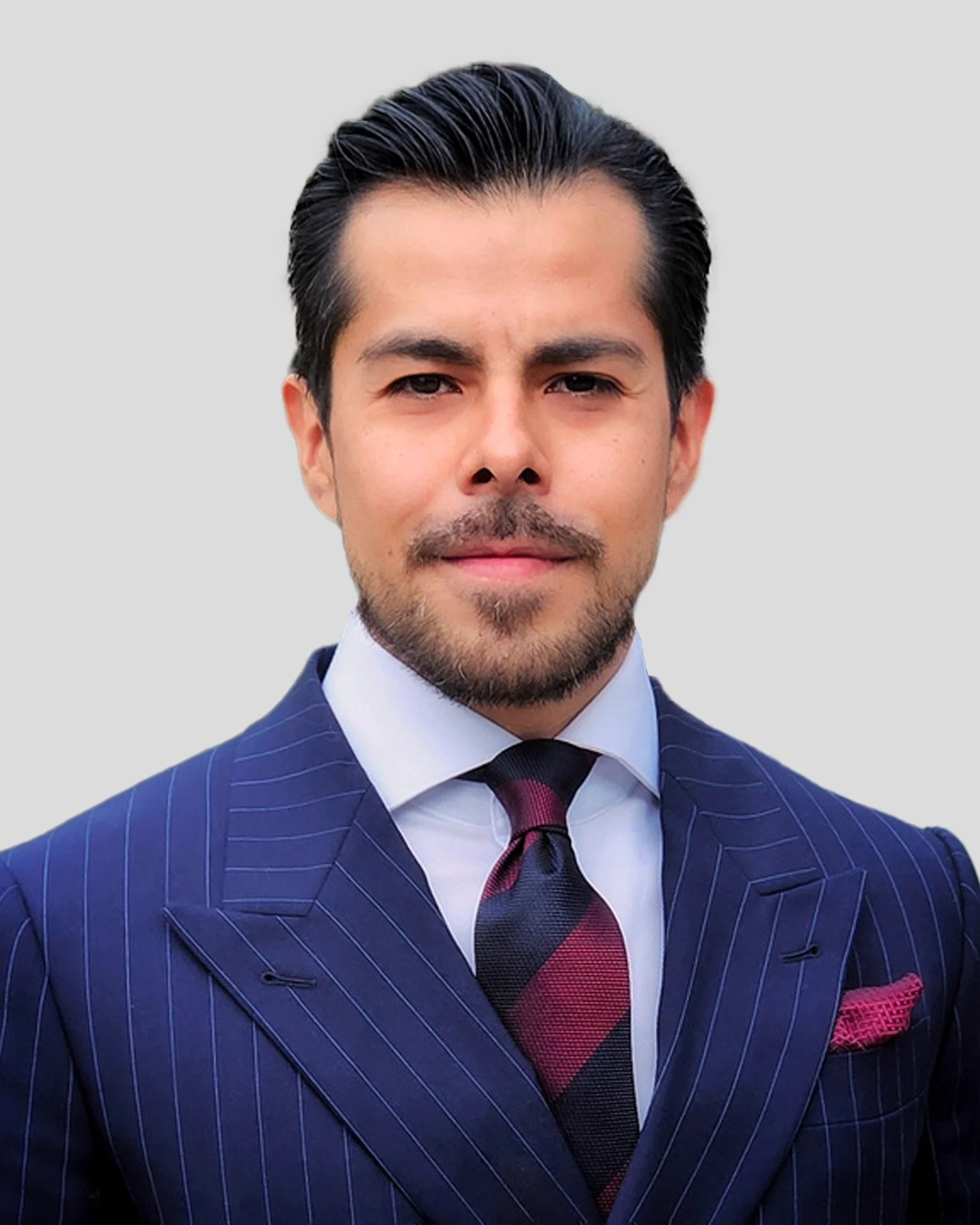 A man with dark hair, a beard, and mustache wearing a dark blue pinstripe suit, white shirt, and a dark red and blue plaid tie, standing against a light gray background.