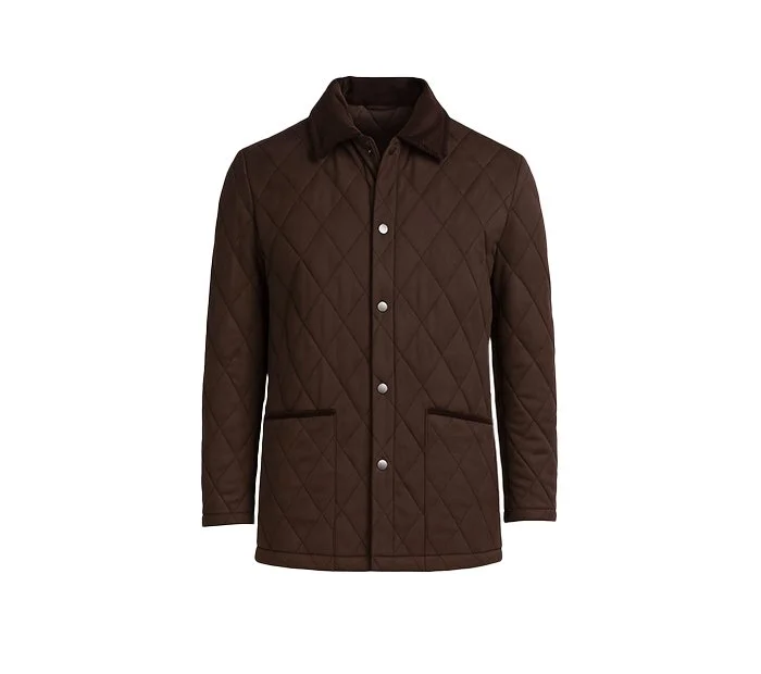 Brown quilted jacket with snap button closure and two front pockets.