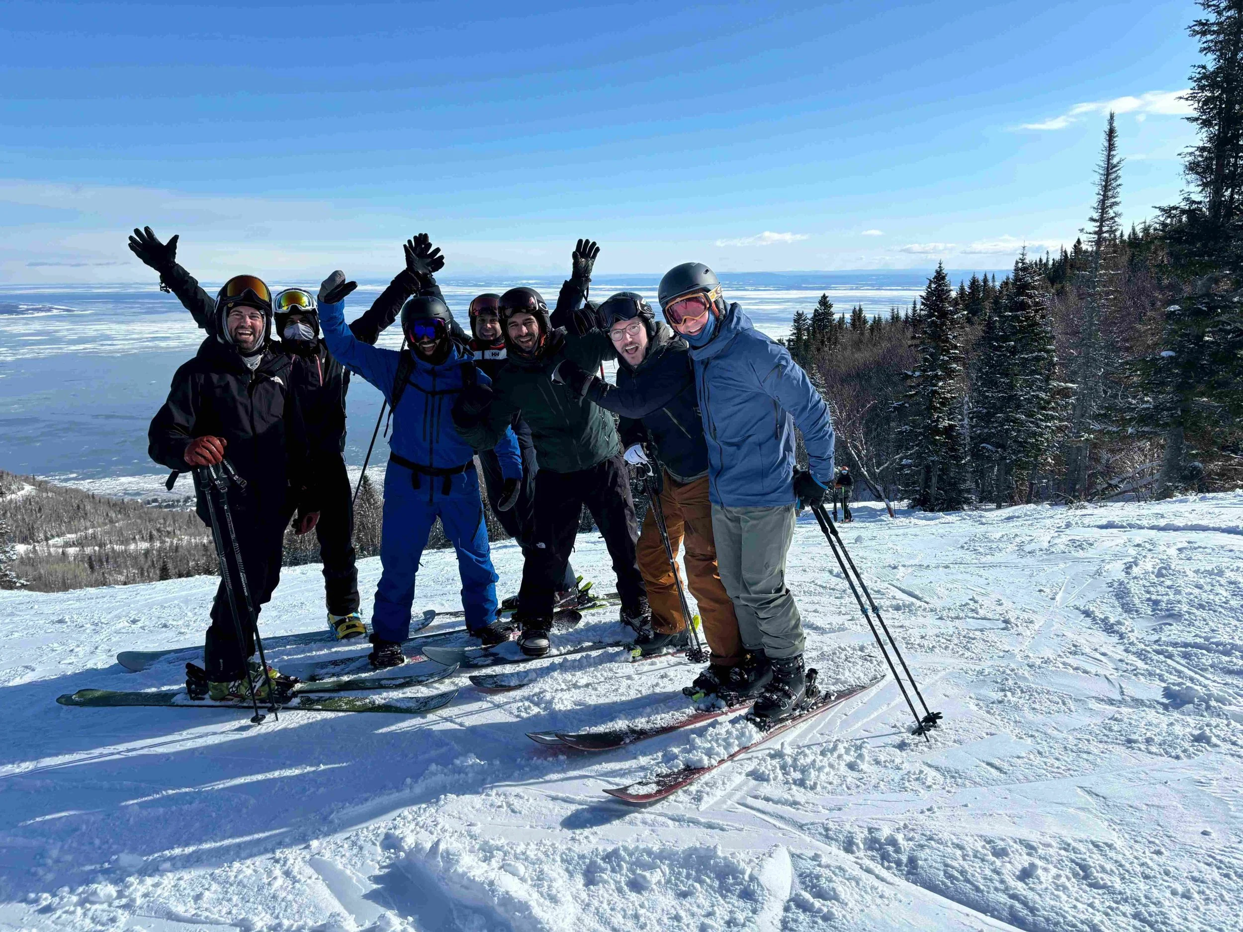Group of seven friends in winter gear with skis, smiling and raising their arms on snowy mountain slope with forest and snowy landscape in background.