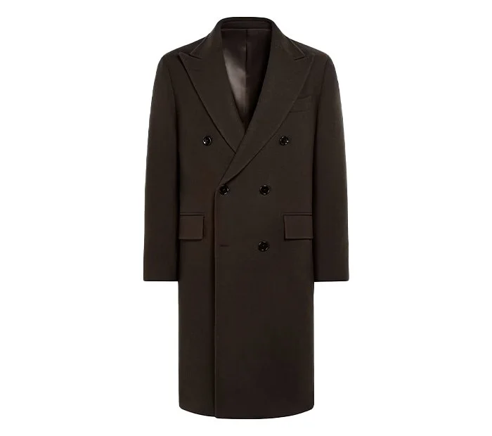 Black double-breasted overcoat with a tailored fit, lapel collar, and flap pockets, hanging against a plain background.
