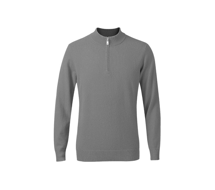 Gray zip-up sweater with a high collar on a white background.