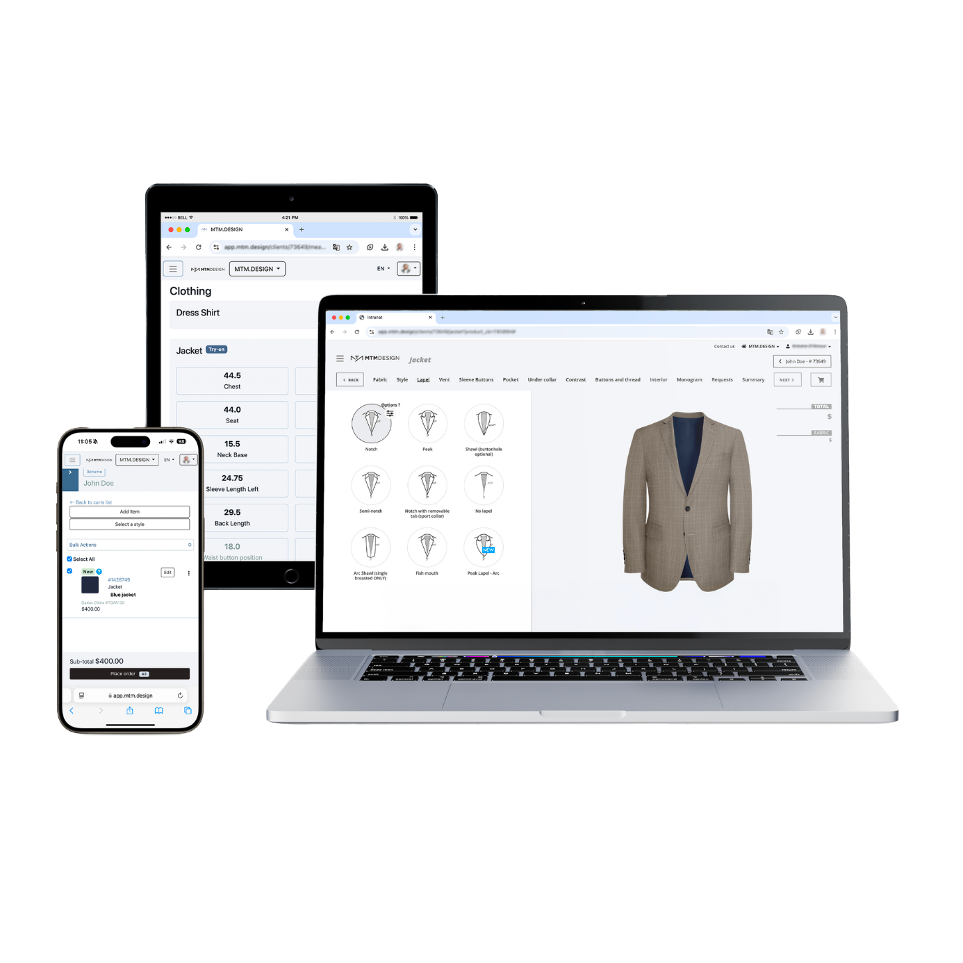 Various digital devices displaying online clothing customization and shopping interfaces, including a laptop with a suit design, a tablet showing size measurements, and a smartphone with a shopping cart.