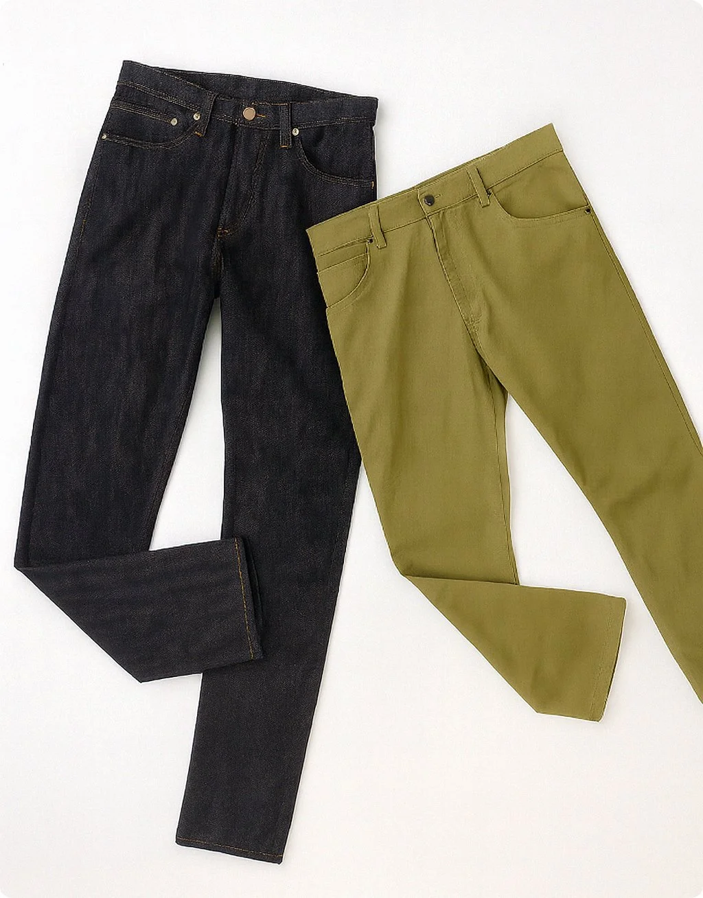 Two pairs of jeans, one black and one green, laid out on a white surface.
