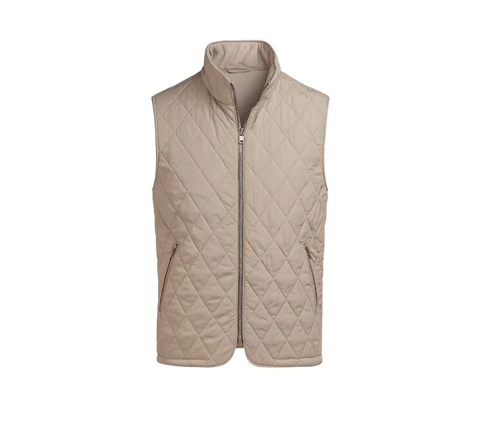 Beige quilted sleeveless vest with standing collar and front zipper.