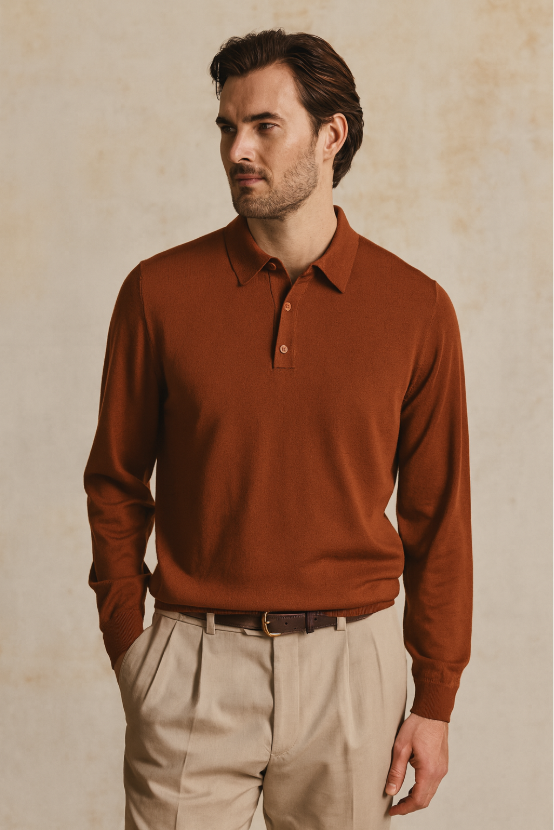 A man wearing a rust-colored long sleeve polo shirt and beige pleated trousers standing against a beige textured background.