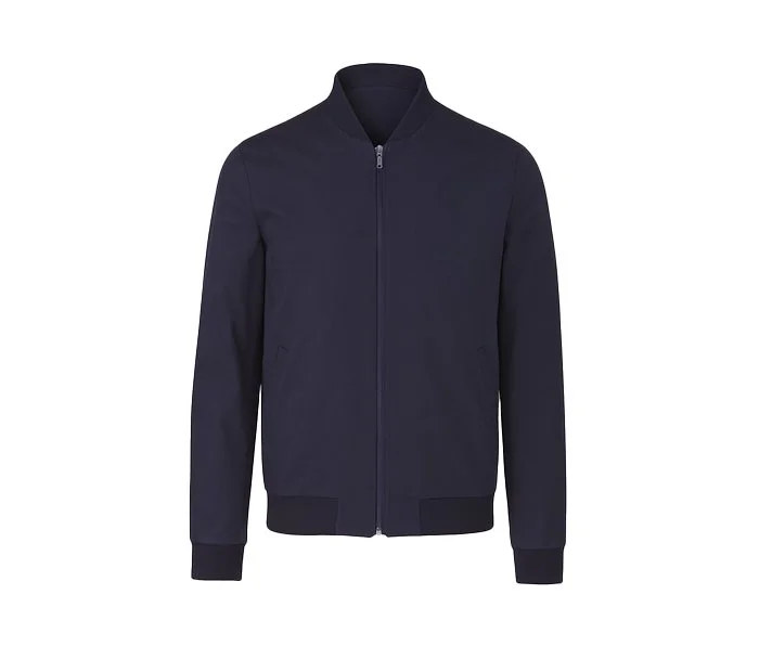 A plain navy blue zip-up jacket with a stand-up collar and long sleeves.