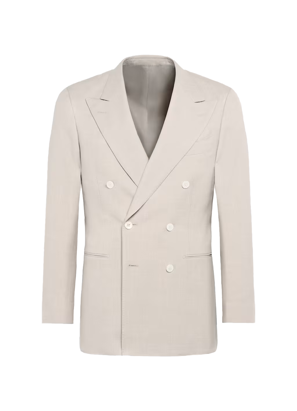 A white double-breasted blazer with a notched lapel and six white buttons.