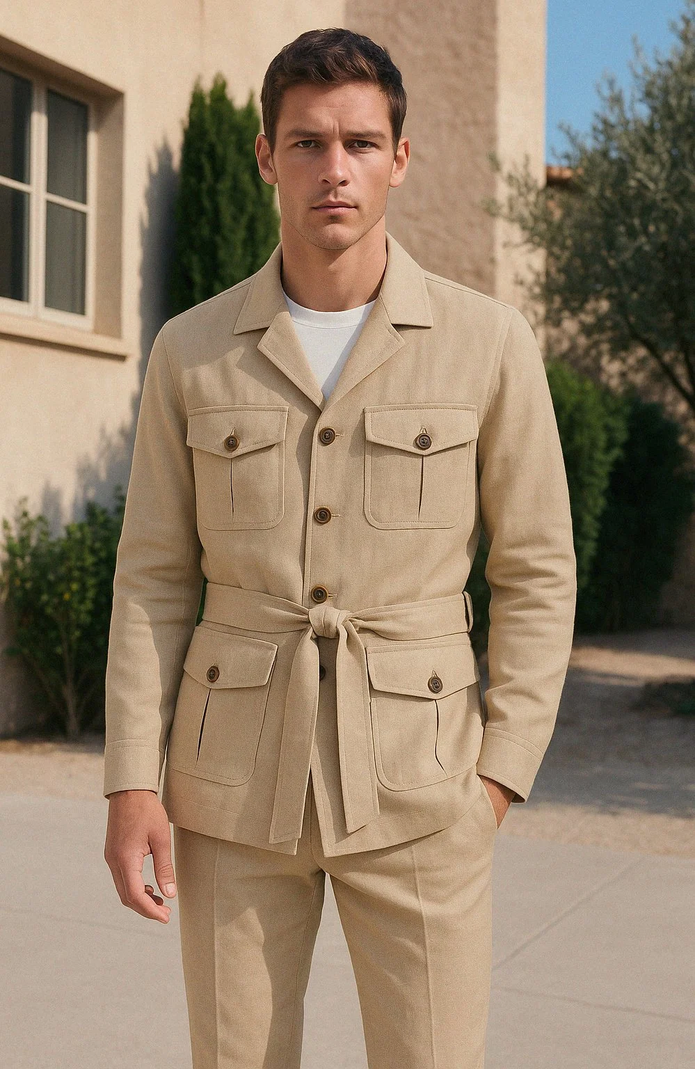 A young man with brown hair wearing a beige belted jacket with four pockets, standing outdoors in front of a beige building and greenery.