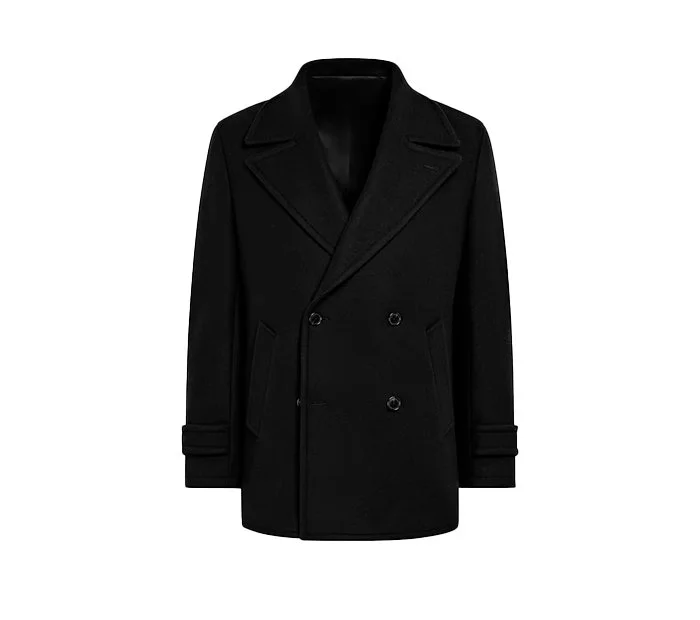 Black double-breasted pea coat with wide lapels and rolled cuffs on a white background.