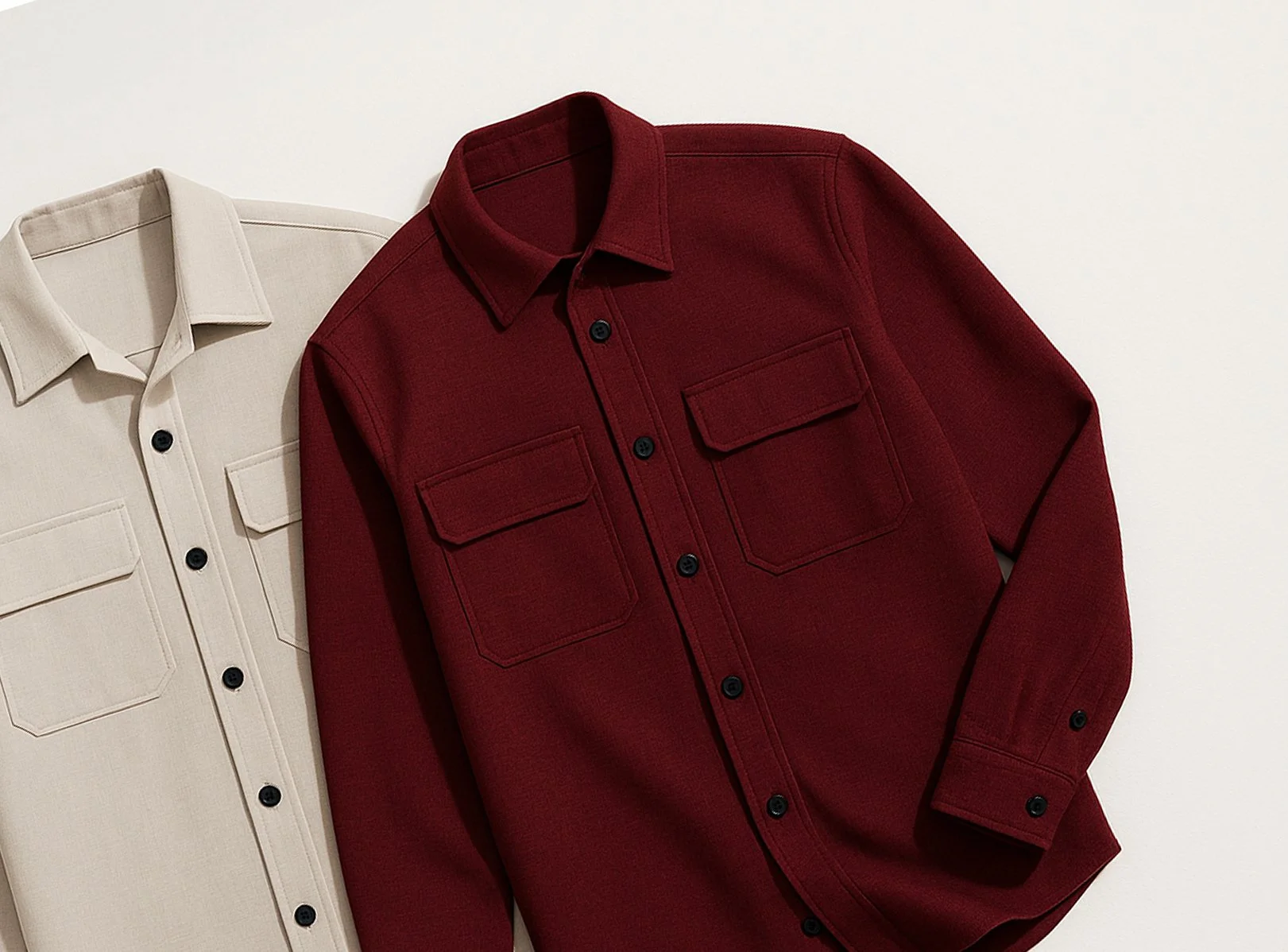 Two button-up shirts, one beige and one red, laid flat on a white surface. The beige shirt is partially visible, and both shirts have chest pockets with flaps and black buttons.