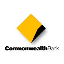 Commonwealth Bank logo with a yellow square tilted to form a diamond shape and black shadow, accompanied by the bank's name.