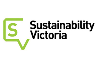 Sustainability Victoria logo with green and black text and a speech bubble design.
